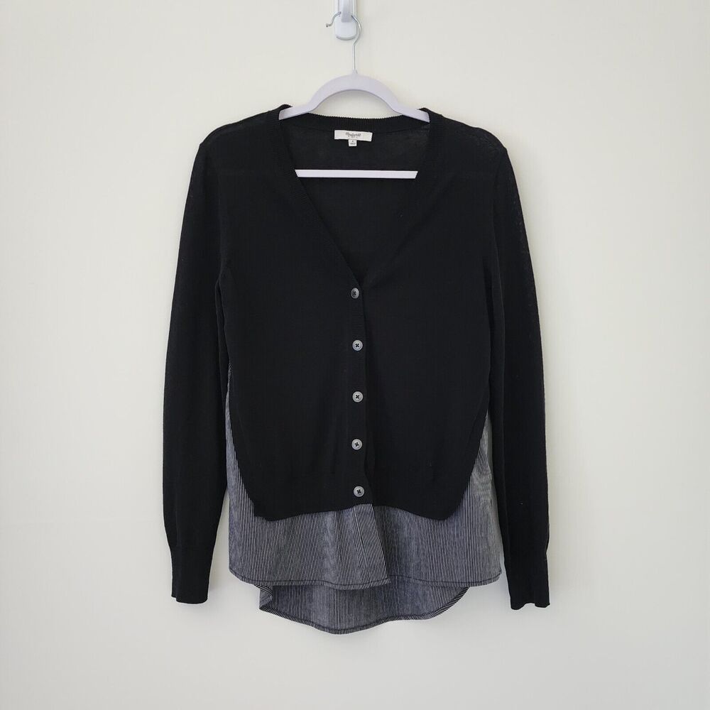 Madewell Womens Cotton Button Down Cardigan Sweater Size S Black Gray Shirt Tail